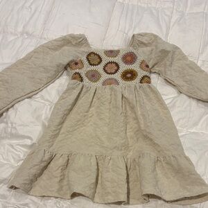 Charming Cream Kids Dress with crochet Floral Accents